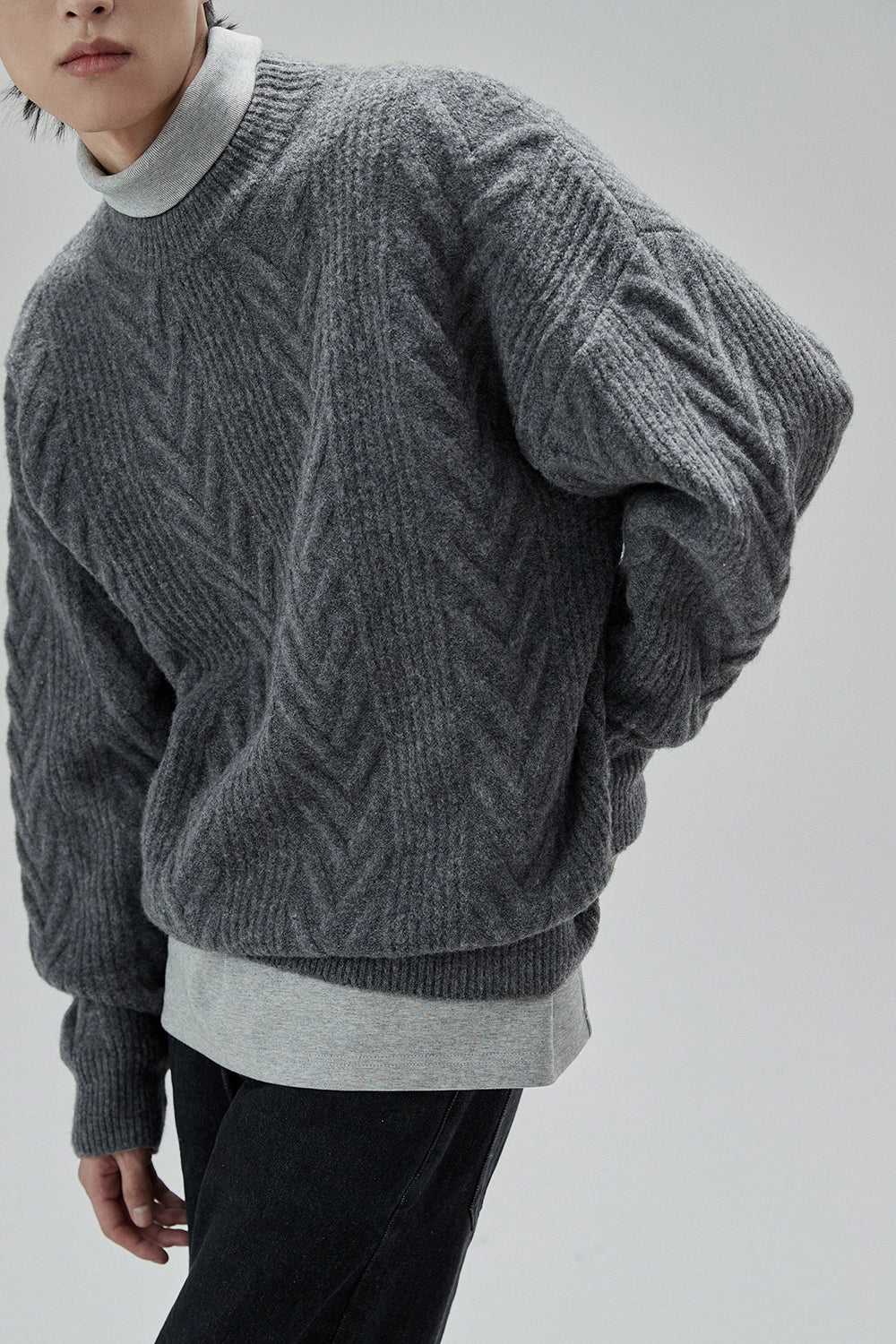 Cream Cable Knit Sweater With Chevron Pattern