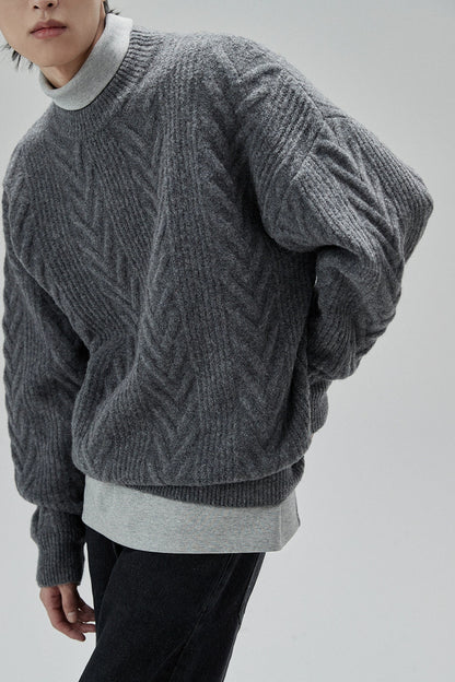 Cream Cable Knit Sweater With Chevron Pattern