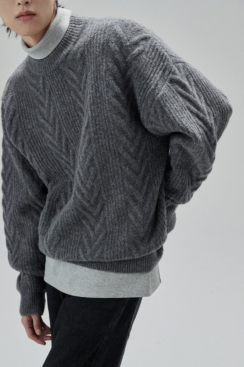 Cream Cable Knit Sweater With Chevron Pattern