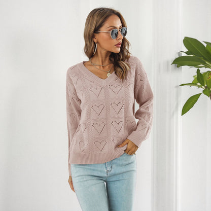 Hollow Out Cutout Out Heart Plaid Sweater Loose Autumn Winter Long Sleeved Sweater Sweater
