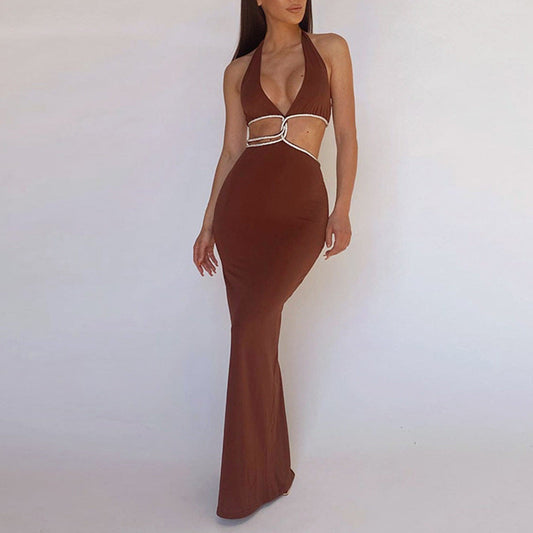 Cropped Outfit Halter Diamond Rope Maxi Dress