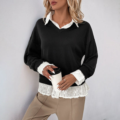 Autumn Top Collared Patchwork False Two Piece Sweatshirt