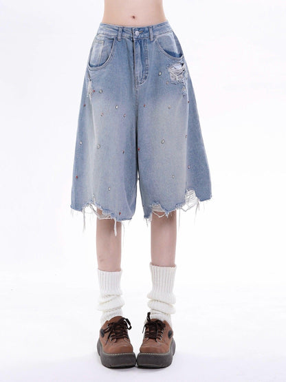 Rayohopp Distressed Denim Bermuda Shorts - Faded Gray Wash With Rhinestone Embellishments and Raw Hem
