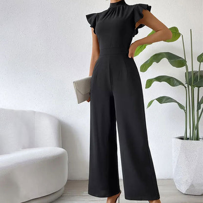Stand Collar Ruffle Wide Leg Pants Draping Effect Trousers Sleeveless Jumpsuit Pants Pants Summer