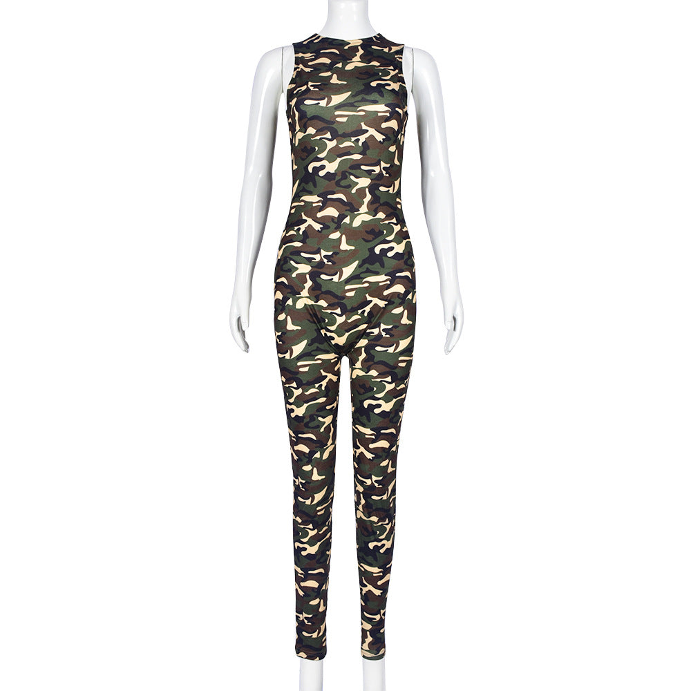Autumn Winter Camouflage Round Neck One Piece Sleeveless Long Tight Jumpsuit