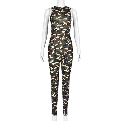 Autumn Winter Camouflage Round Neck One Piece Sleeveless Long Tight Jumpsuit