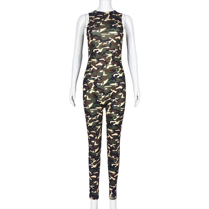 Autumn Winter Camouflage Round Neck One Piece Sleeveless Long Tight Jumpsuit