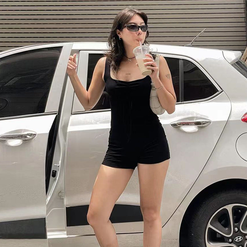 Street Color Square Collar Cross Hollow Out Cutout Backless Lace Up Sports Jumpsuit Yoga Fitness One Piece Trousers