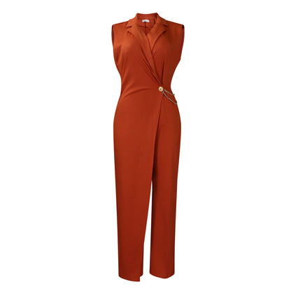 Clothing Suit Collar Tight Waist Chain Loose Wide Leg Jumpsuit