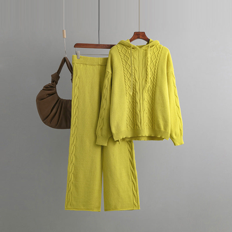 Autumn Winter Suit Hoodie With Drawstrings Loose Sweater Draping Wide Leg Trousers Twist Two Piece Suit