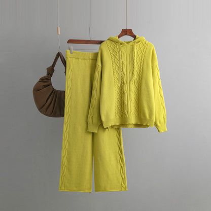 Autumn Winter Suit Hoodie With Drawstrings Loose Sweater Draping Wide Leg Trousers Twist Two Piece Suit