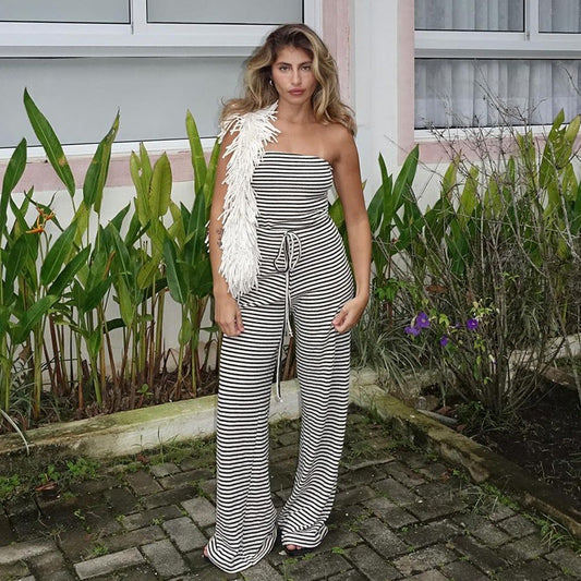 Striped Color Matching Horizontal Bra Lace Up Long Mop Pants Jumpsuit Trousers