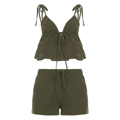 Clothing Shorts Two Piece Sling Cotton Linen Texture Lace Up Color Loose Vacation Set