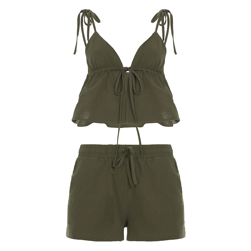 Clothing Shorts Two Piece Sling Cotton Linen Texture Lace Up Color Loose Vacation Set