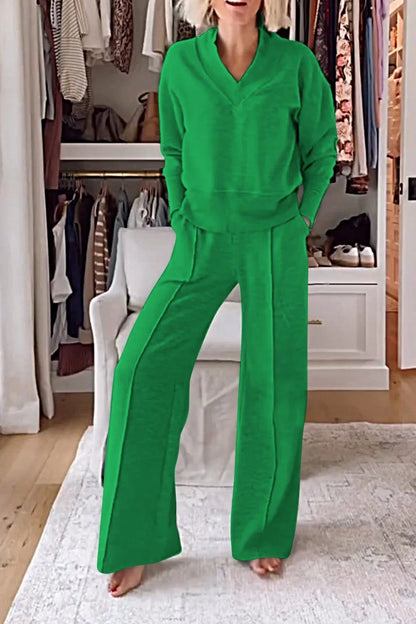 Autumn V Neck Long Sleeve Loose Top Wide Leg Pants Two Piece Set
