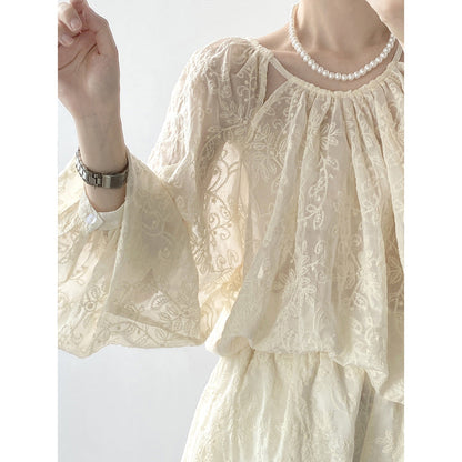 Tencel Embroidery Long Sleeve Set Summer Embroidery Top Shorts Two Piece Set