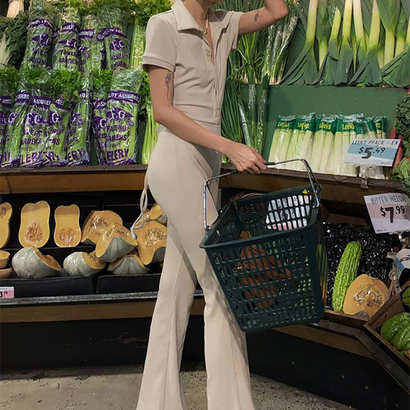 Autumn Winter Clothing Tight Backless Collared Button Jumpsuit Bootcut Pants