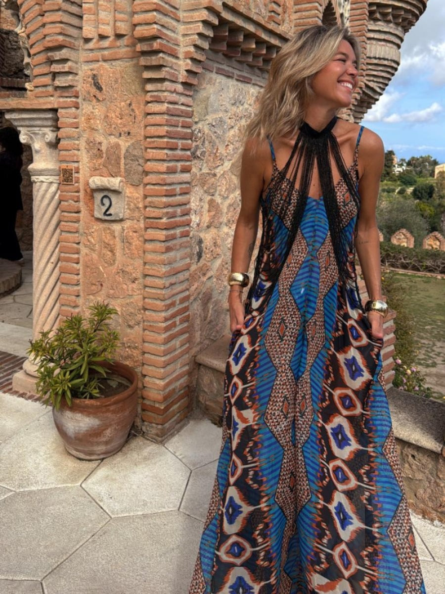 Internet Popular Summer Positioning Printing Sling Swing Maxi Dress