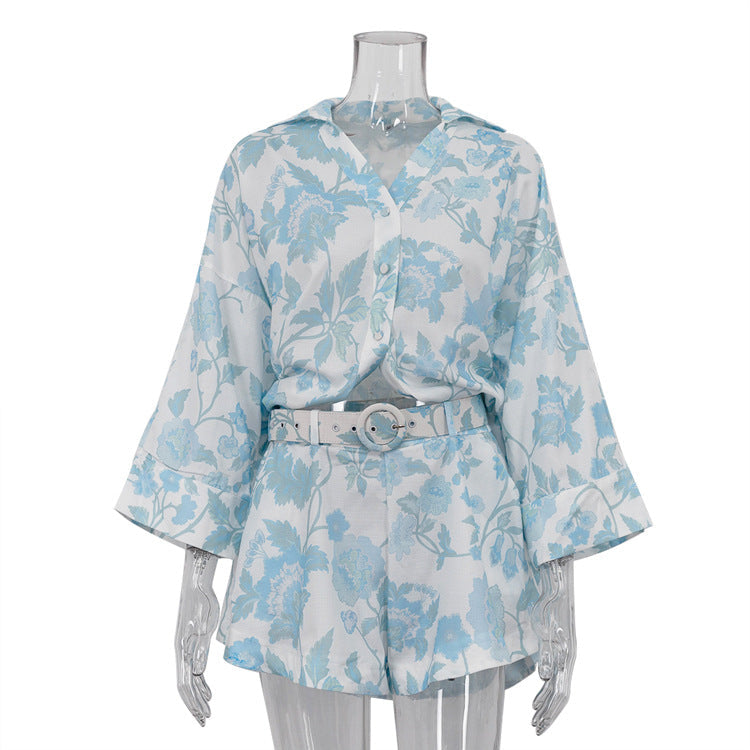 Printing Summer Wear Loose Long Shirt High Waist Shorts With Belt Two Piece Set