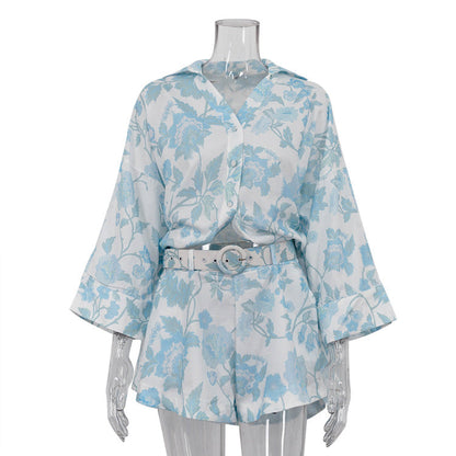 Printing Summer Wear Loose Long Shirt High Waist Shorts With Belt Two Piece Set