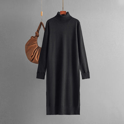 Clothing Autumn Winter Color Turtleneck Knitting Sweater Slit Bottoming Dress