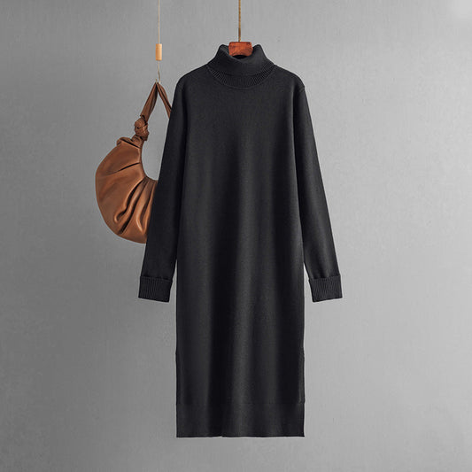 Clothing Autumn Winter Color Turtleneck Knitting Sweater Slit Bottoming Dress