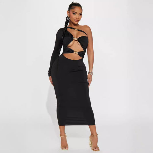 Clothing Cutout Metal Tube Slim Fit Maxi Dress Diagonal Collar Shoulder Sleeve Sheath Pencil Dress