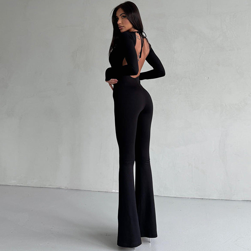 Clothing Winter Backless Lace Up Color Slim Fit Long Sleeves Jumpsuit