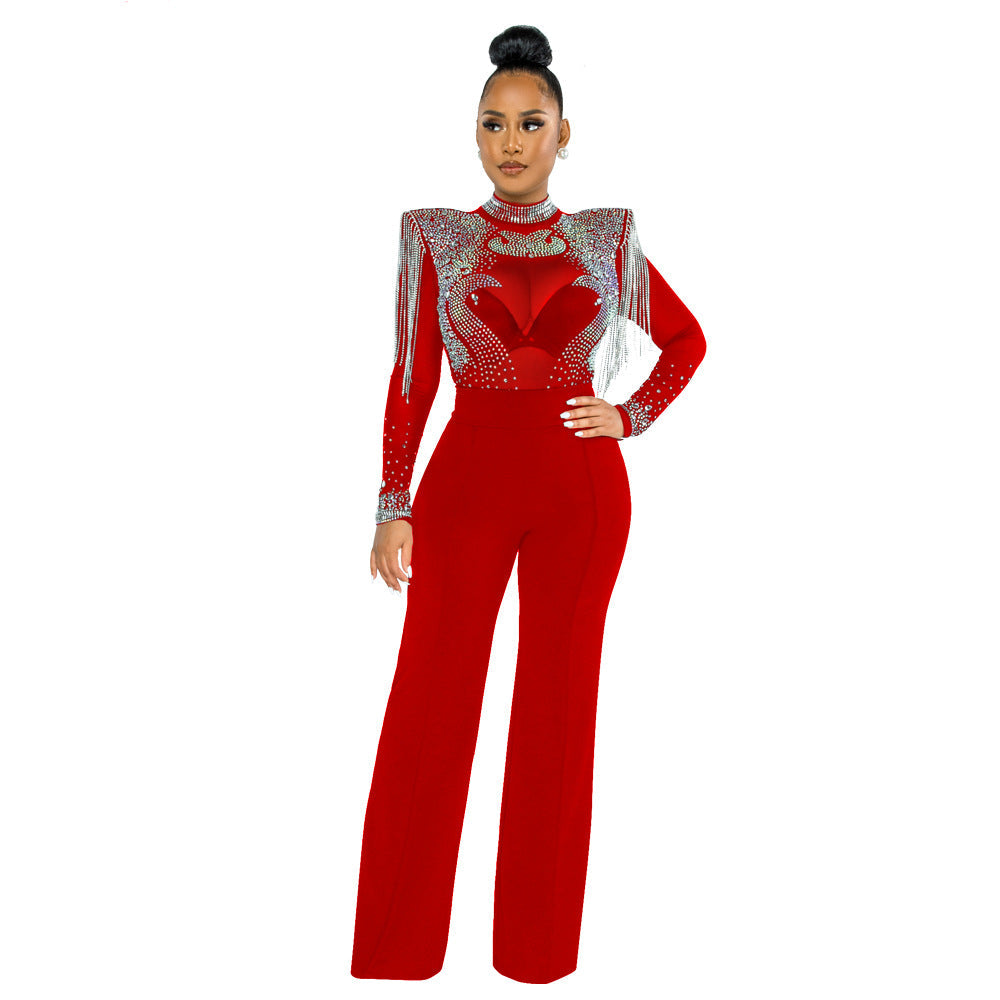 Slim Fit Turtleneck See Through Rhinestone Tassel Jumpsuit