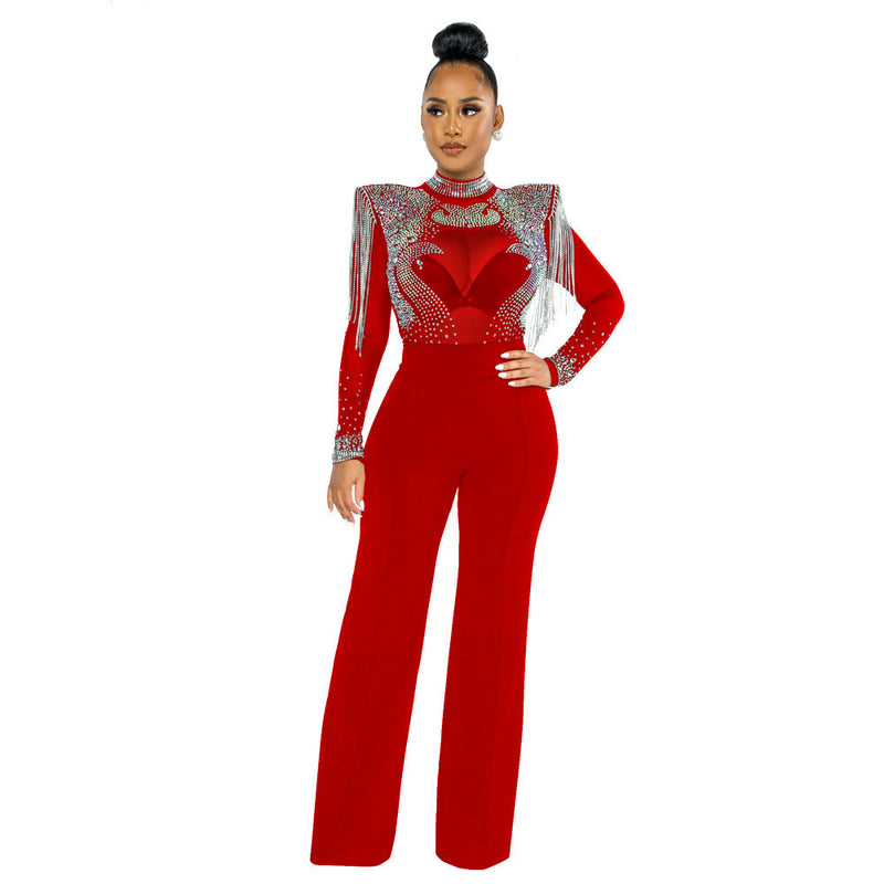 Slim Fit Turtleneck See Through Rhinestone Tassel Jumpsuit
