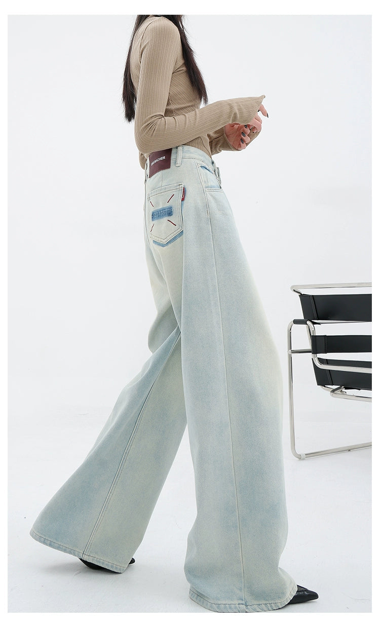 Light Blue Loose Straight Wide-leg Denim Pants With Embroidery Design