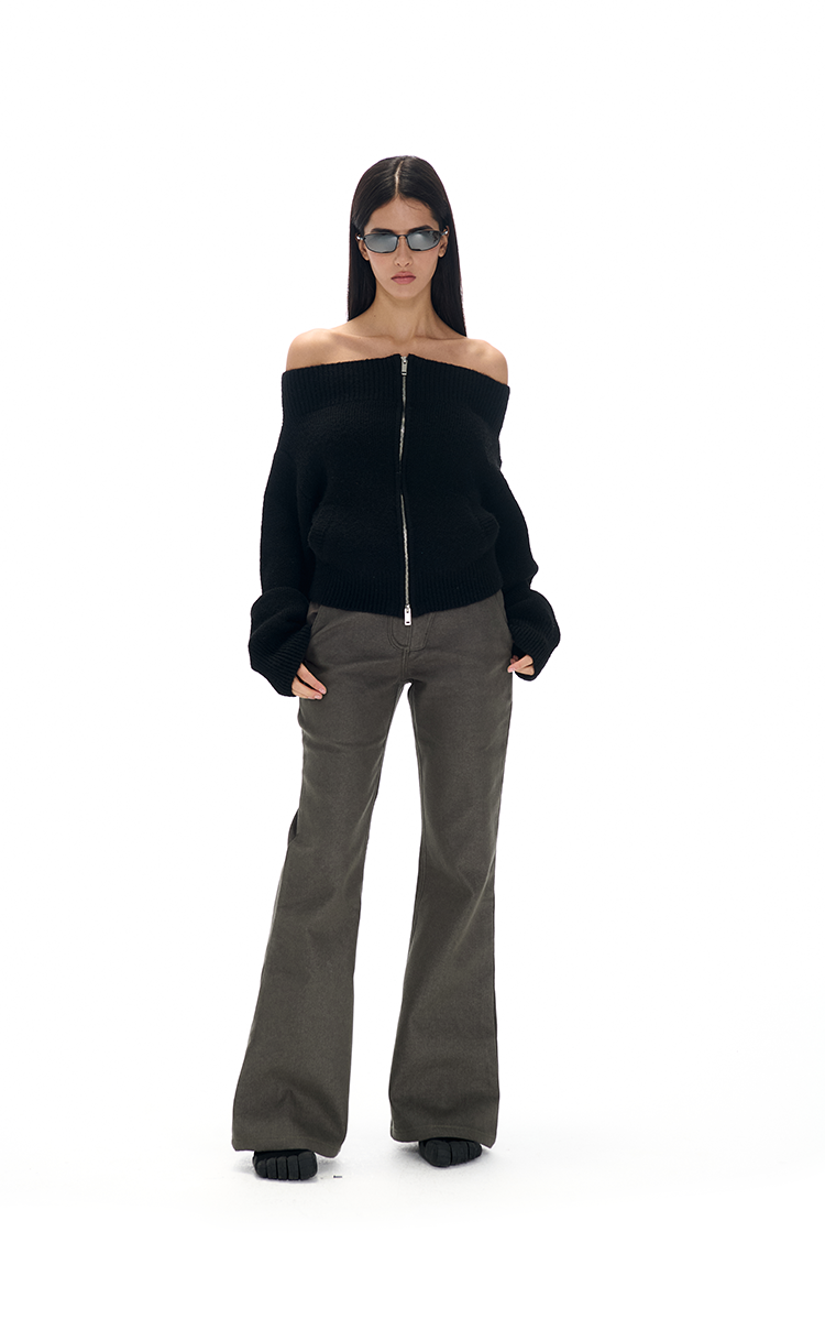 Off-the-shoulder Zipper Knit Cardigan