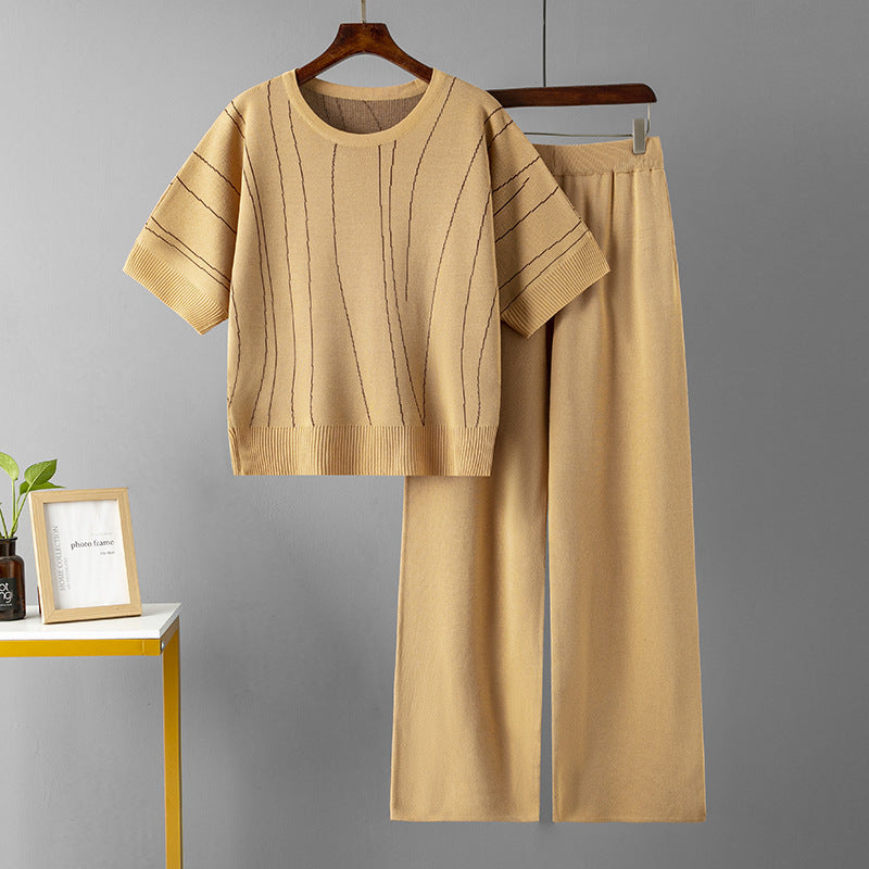 Loose Outfit Batwing Sleeve Summer Slimming Stripes Wide Leg Pants Two Piece Set