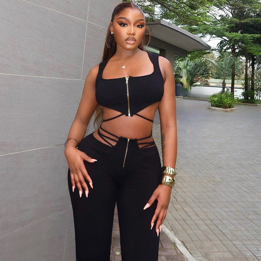 Black Sleeveless Top High Waist Bandage Tight Sport Pants Set