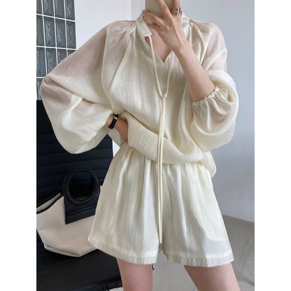Summer Sports Lace-up Long Sleeve Sun Protection Clothing Wide Leg Shorts Suit Two-piece Set