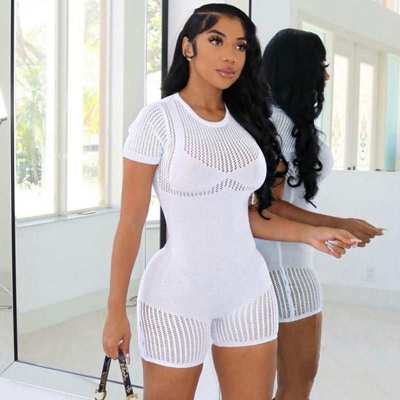 Summer Clothing Zipper Cutout Skinny Hip Raise Knitted Short Romper