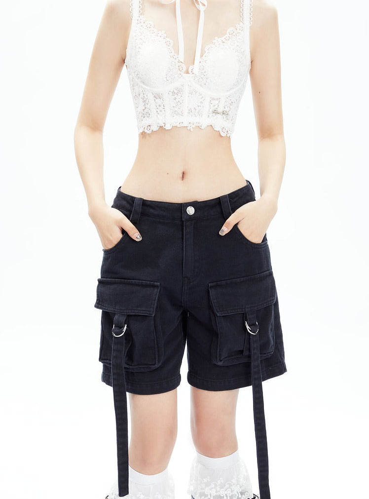 Black Cargo Shorts With Dangling Straps