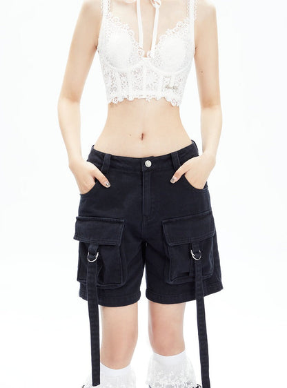 Black Cargo Shorts With Dangling Straps