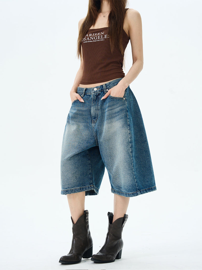Wide-leg Denim Bermuda Shorts