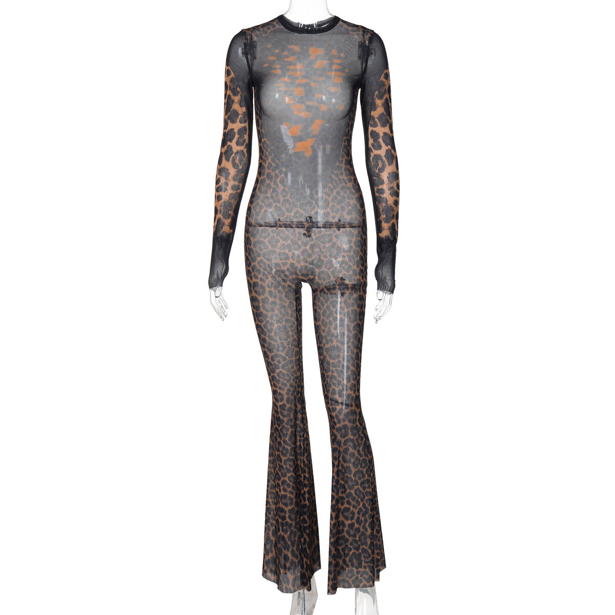 Mesh See Through Jumpsuit Winter Long Sleeve Printed Flared Pants