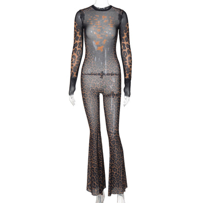 Mesh See Through Jumpsuit Winter Long Sleeve Printed Flared Pants