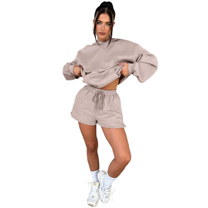Autumn Winter Color Long-sleeved Hooded Sweaters Clothing Two Piece Shorts Sets