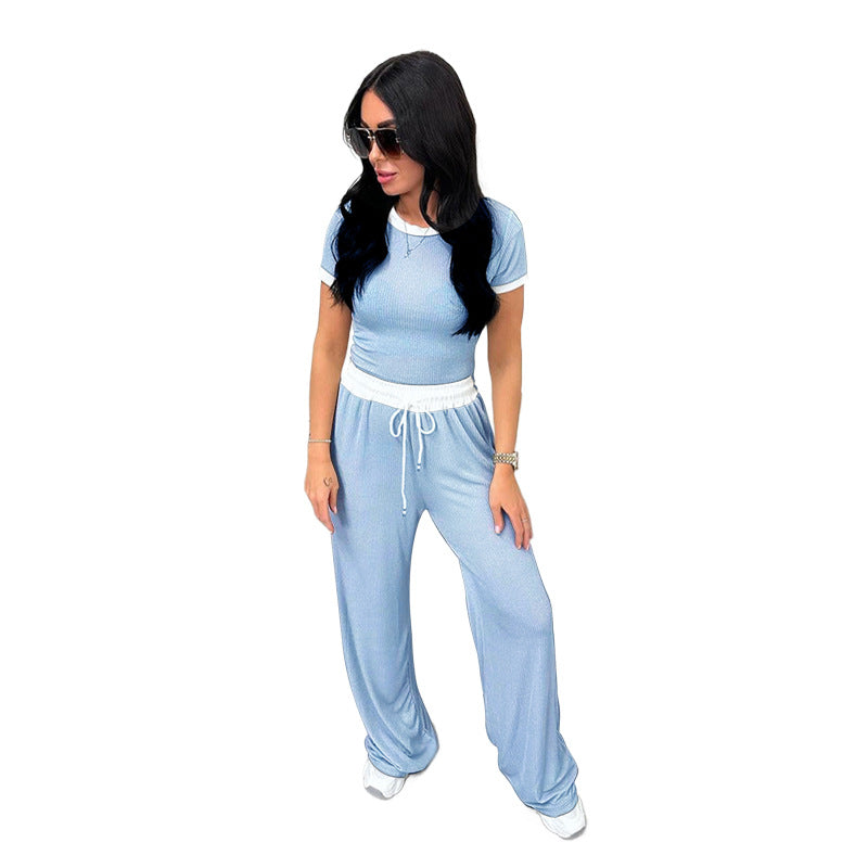 Spring Summer Round Neck Contrast Color Short-sleeved Clothing Wide Leg Pants Sports Suit