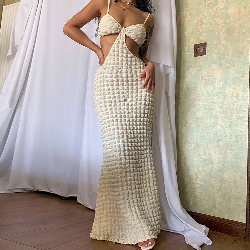 Clothing Color Suspenders Hollow Out Cutout Slim Fit Maxi Dress for