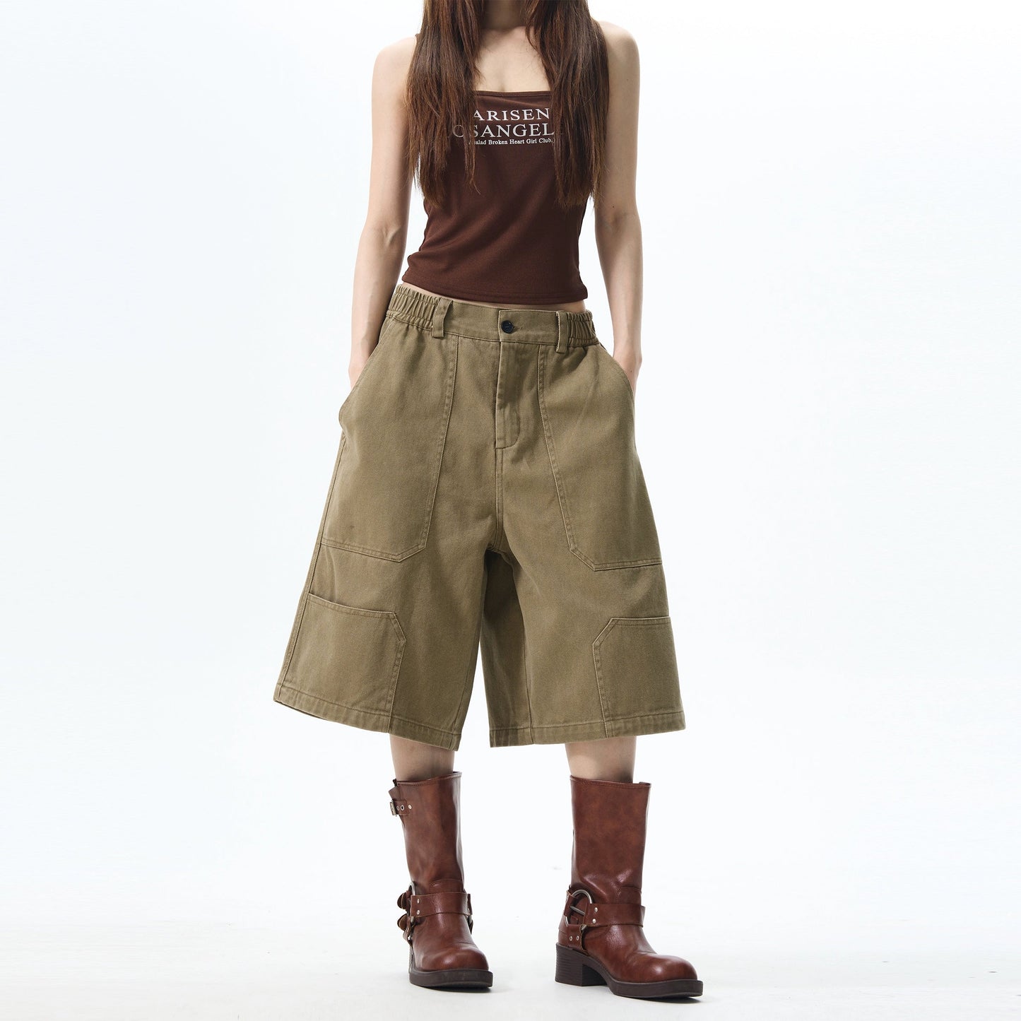 Khaki Wide-leg Cargo Shorts