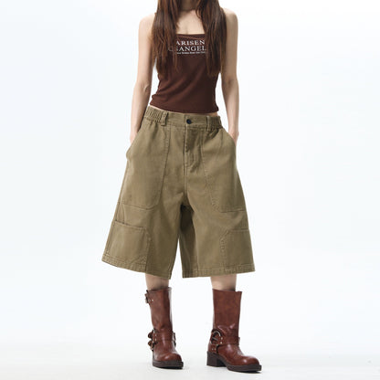 Khaki Wide-leg Cargo Shorts