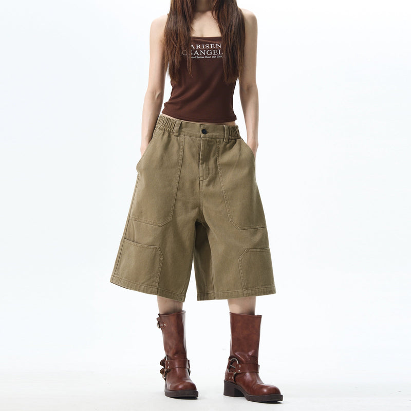 Khaki Wide-leg Cargo Shorts