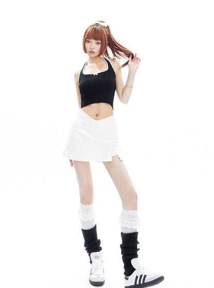 Waist V-shaped Wrapped Split A-line Short Skirt