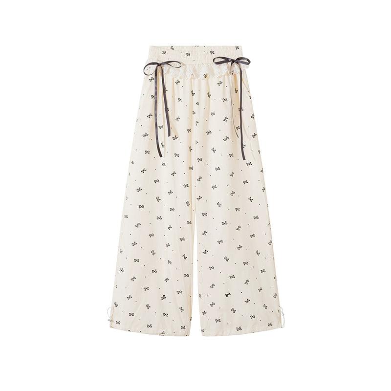 Rayohopp Bow-print Wide-leg Palazzo Pants - Drawstring Waist Lounge Trousers With Lace Trim