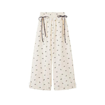 Rayohopp Bow-print Wide-leg Palazzo Pants - Drawstring Waist Lounge Trousers With Lace Trim
